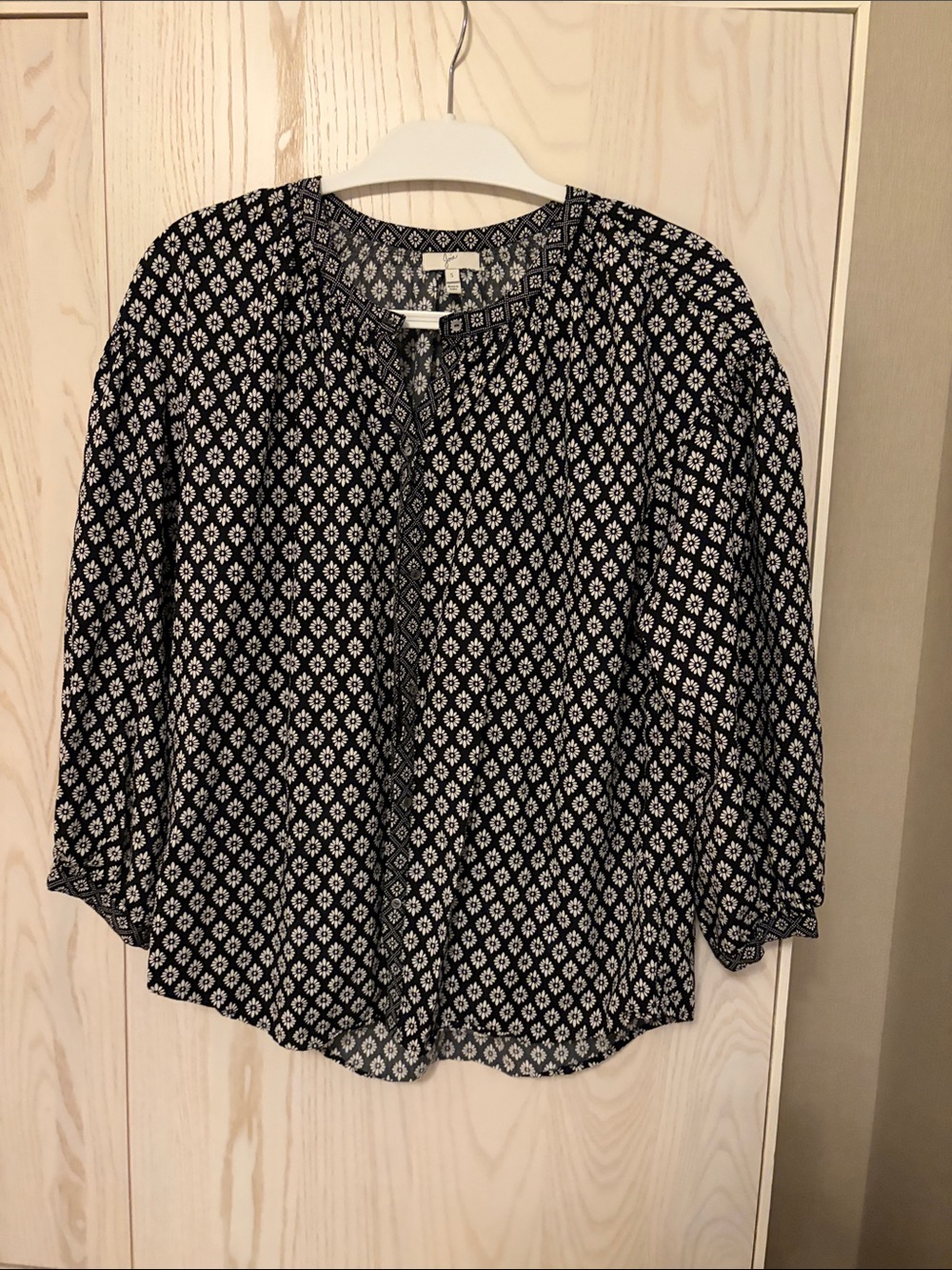 Joie Black and White Geometric Tie-Neck Blouse